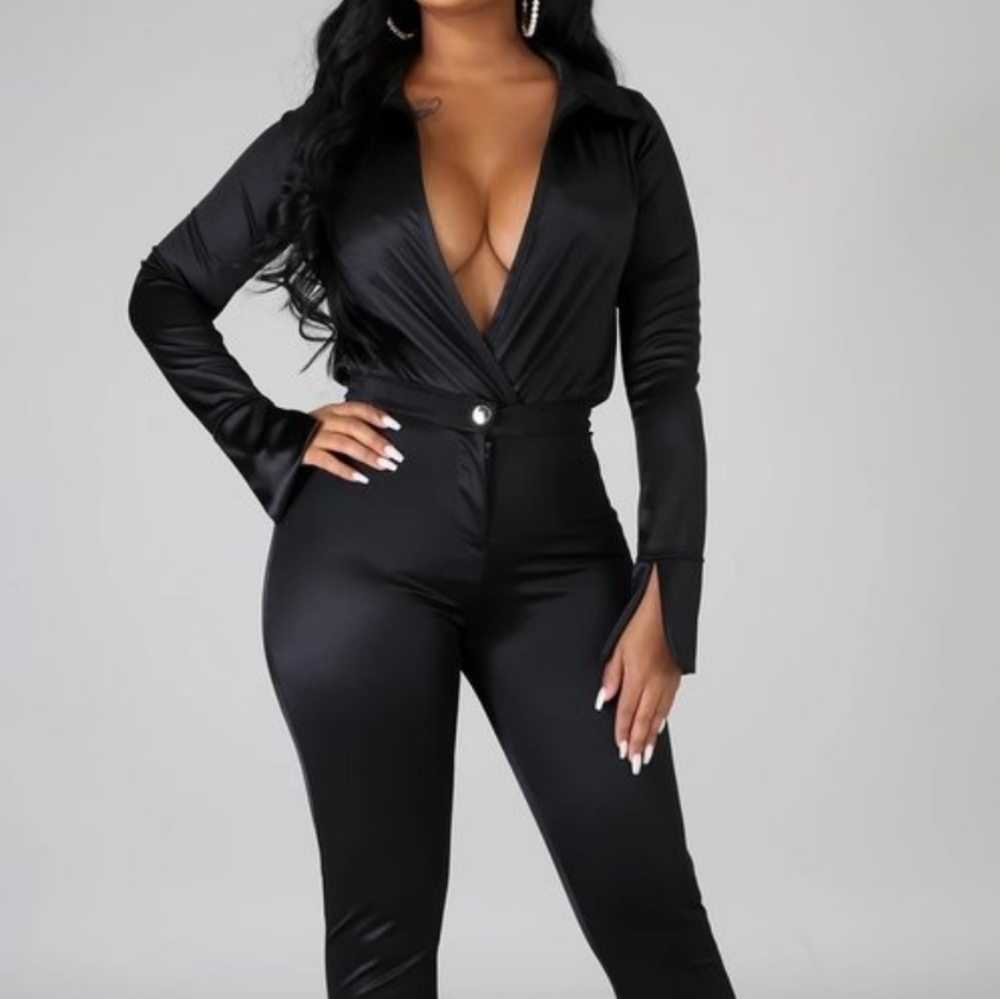 Black Satin Deep V-Neck Wrap Bodysuit & Pants Set
